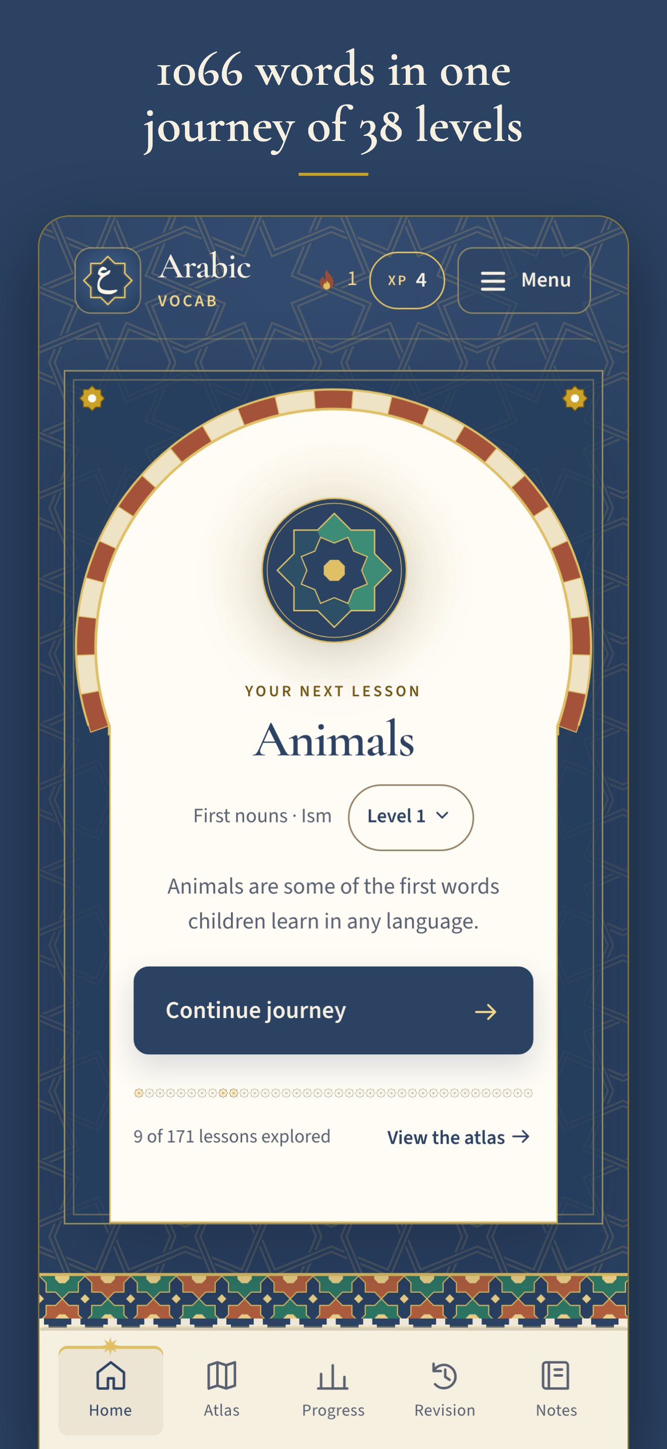 The Arabic Vocab journey screen with illustrated levels and a continue-learning button