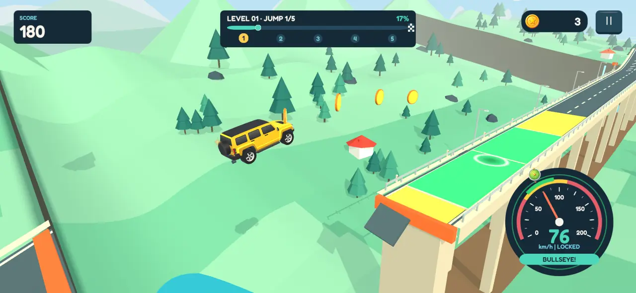 The off-road car airborne over the gap, heading for a landing pad with a green bullseye; the speedometer shows 76 km/h, bullseye