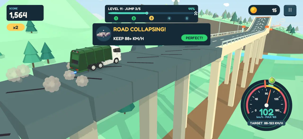 A green garbage truck racing across a viaduct as the road collapses in clouds of dust