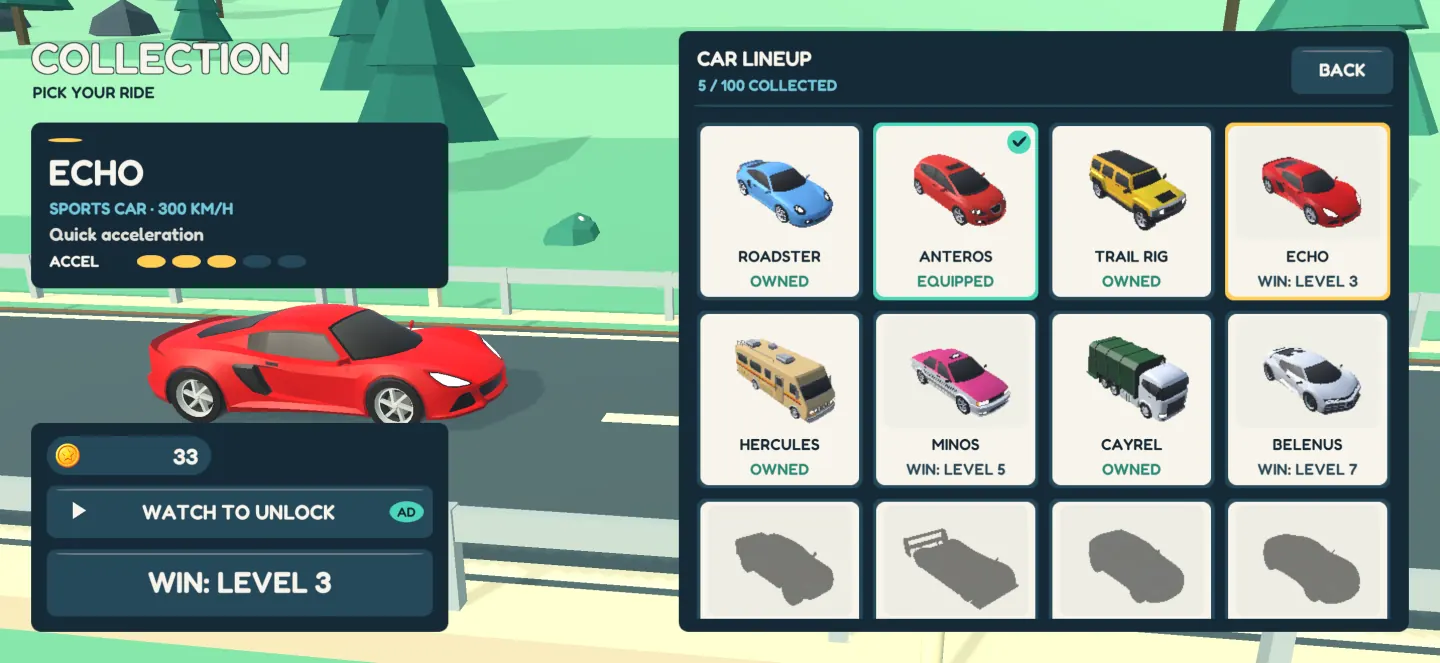 The Car Leap collection screen: a red sports car named Echo beside a grid of vehicles, five of 100 collected