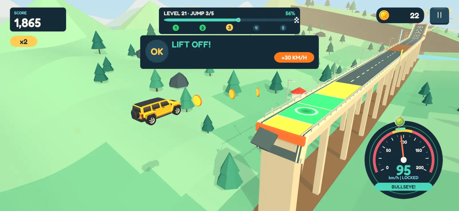 A yellow off-road car launched off a rocket ramp, flying toward a landing pad with yellow and green zones; the card reads Lift off! plus 30 km/h and the speedometer shows 95 km/h, locked, bullseye
