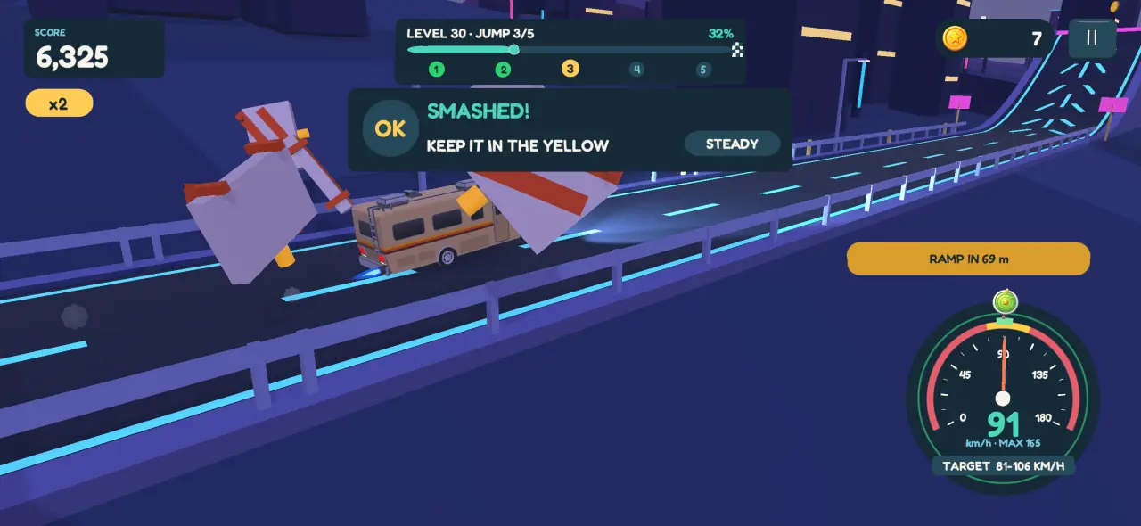 A camper van smashing through a barrier on a Neon City road at night