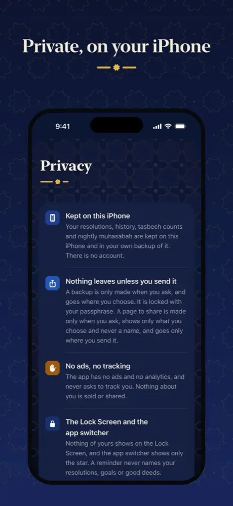 Privacy: kept on this iPhone, nothing leaves unless you send it, no ads, no tracking