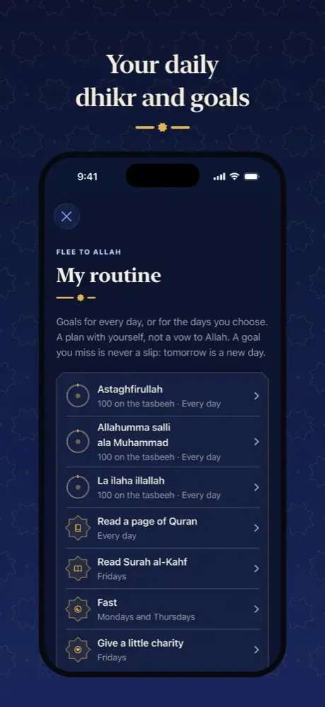My routine: daily dhikr, a page of Quran, a fast and a little charity