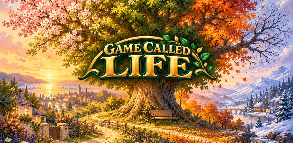 Game Called Life title beneath a tree spanning the four seasons, overlooking a lakeside town