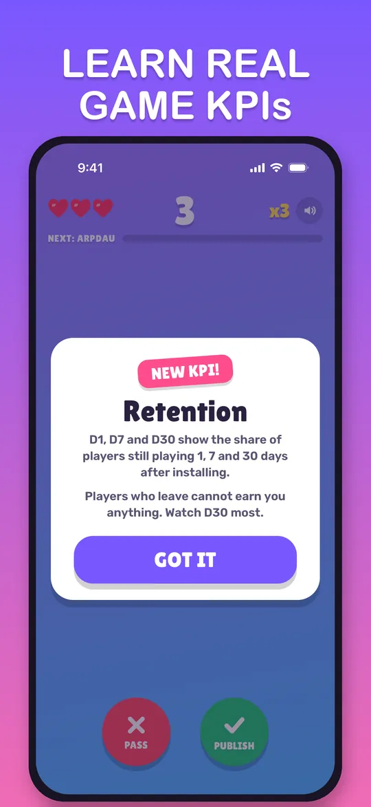 A New KPI card explaining retention: D1, D7 and D30