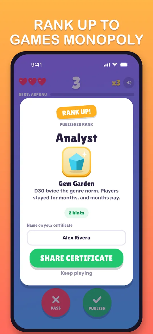 A Rank Up screen promoting the player to Analyst, with a name field and a Share certificate button