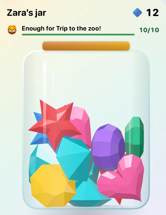 Zara’s jar in the Well Grounded app, holding 12 crystals: red and blue stars, pink hearts, a yellow gem, purple and green gems and teal crystals. A line above it says “Enough for Trip to the zoo!”