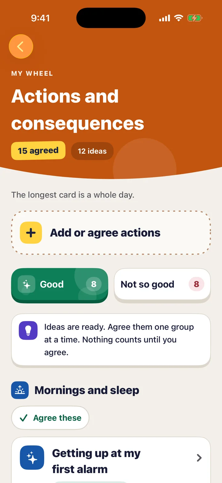 Actions and consequences in the app: ideas grouped by mornings and sleep, phone and screens, and more.