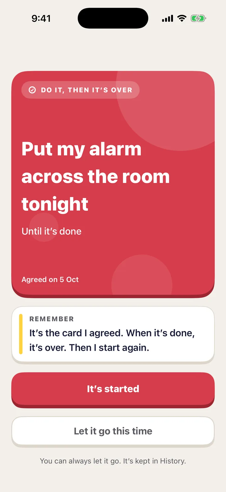 The card the wheel picked in the app, shown in full: a card you agreed on a calm day.