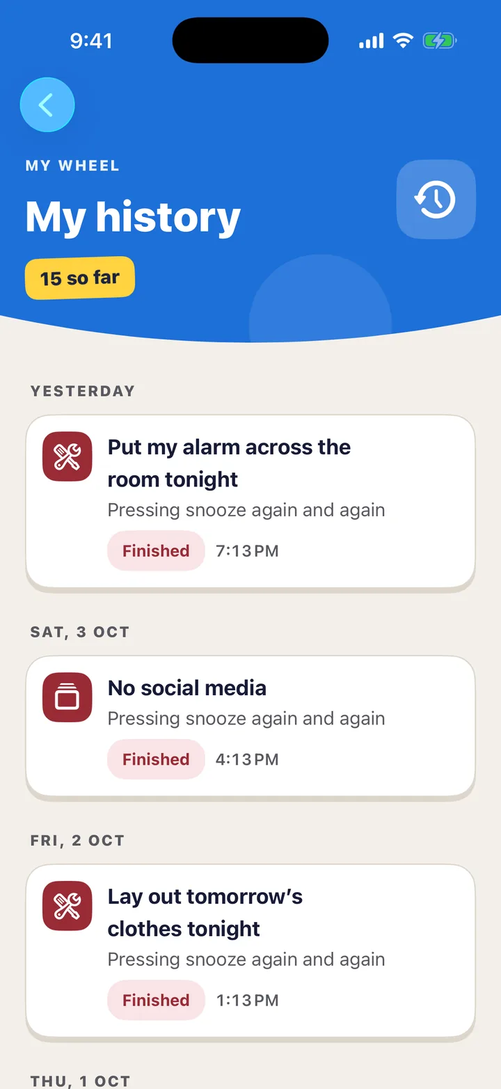 History in the app: what happened and what the wheel picked.