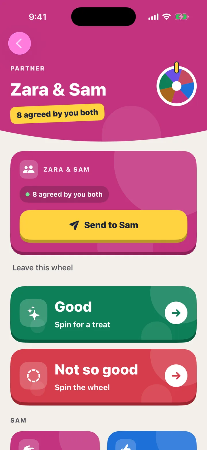 A shared wheel in the app: Zara and Sam, 8 agreed by you both, with Send to Sam.