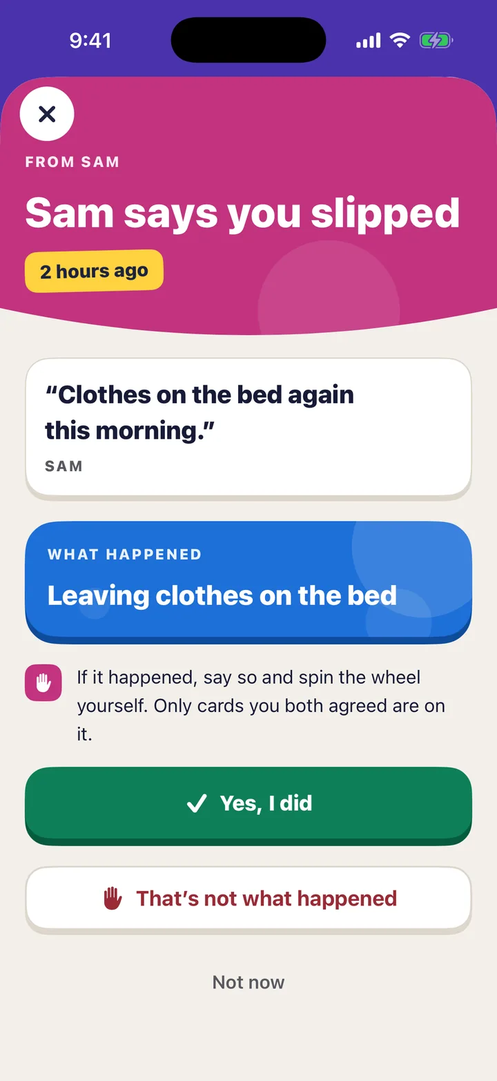 A telling on the partner’s phone, with the answers Yes, I did and That’s not what happened.