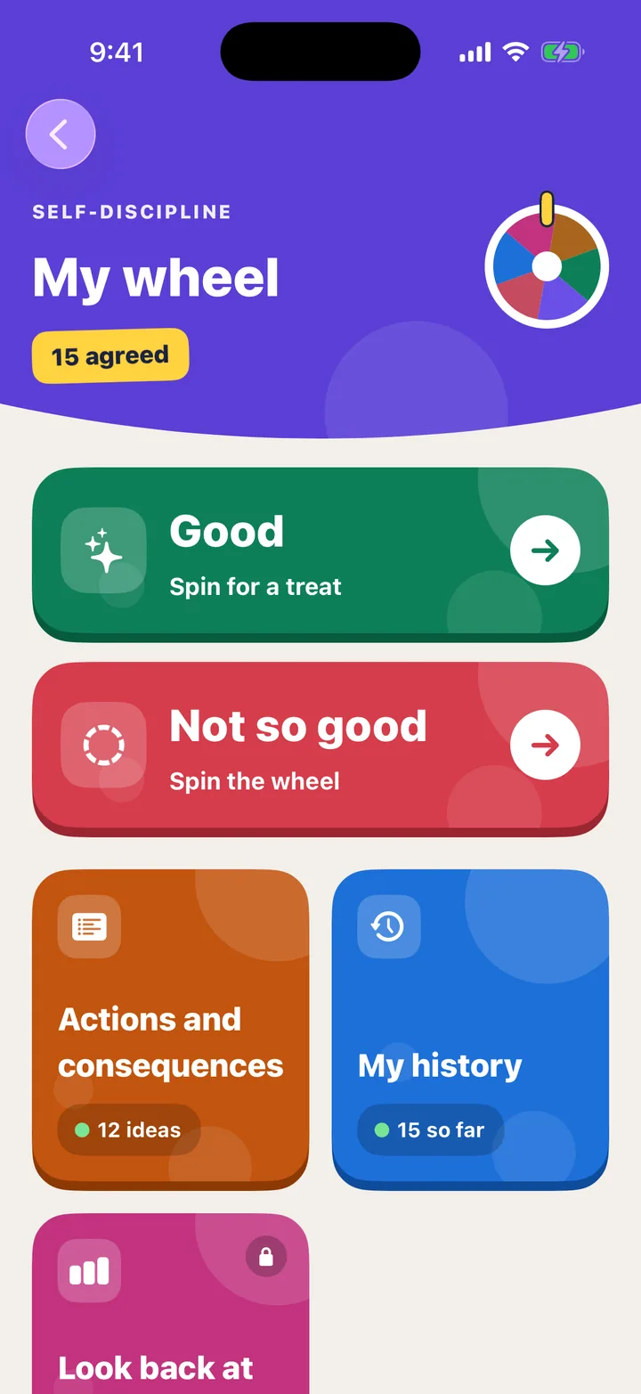 The wheel’s page in the app: Good, Spin for a treat, and Not so good, Spin the wheel.