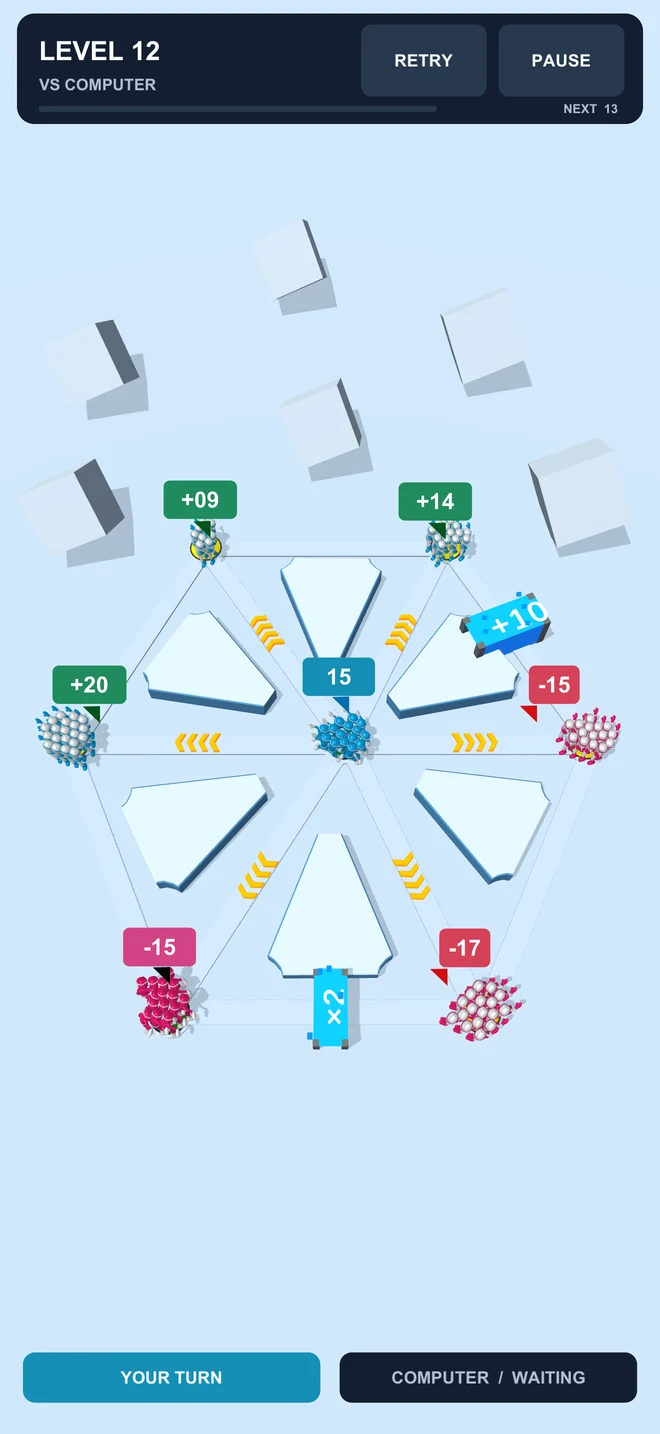 Number Wars Computer mode level 12 showing blue and pink armies on connected platforms