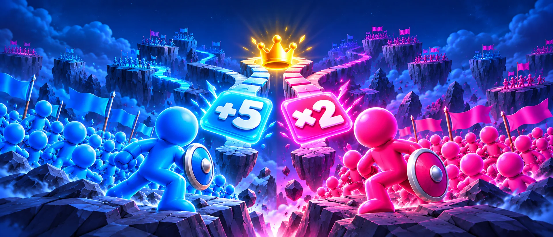 Promotional artwork: blue and pink armies on floating routes, facing a glowing crown