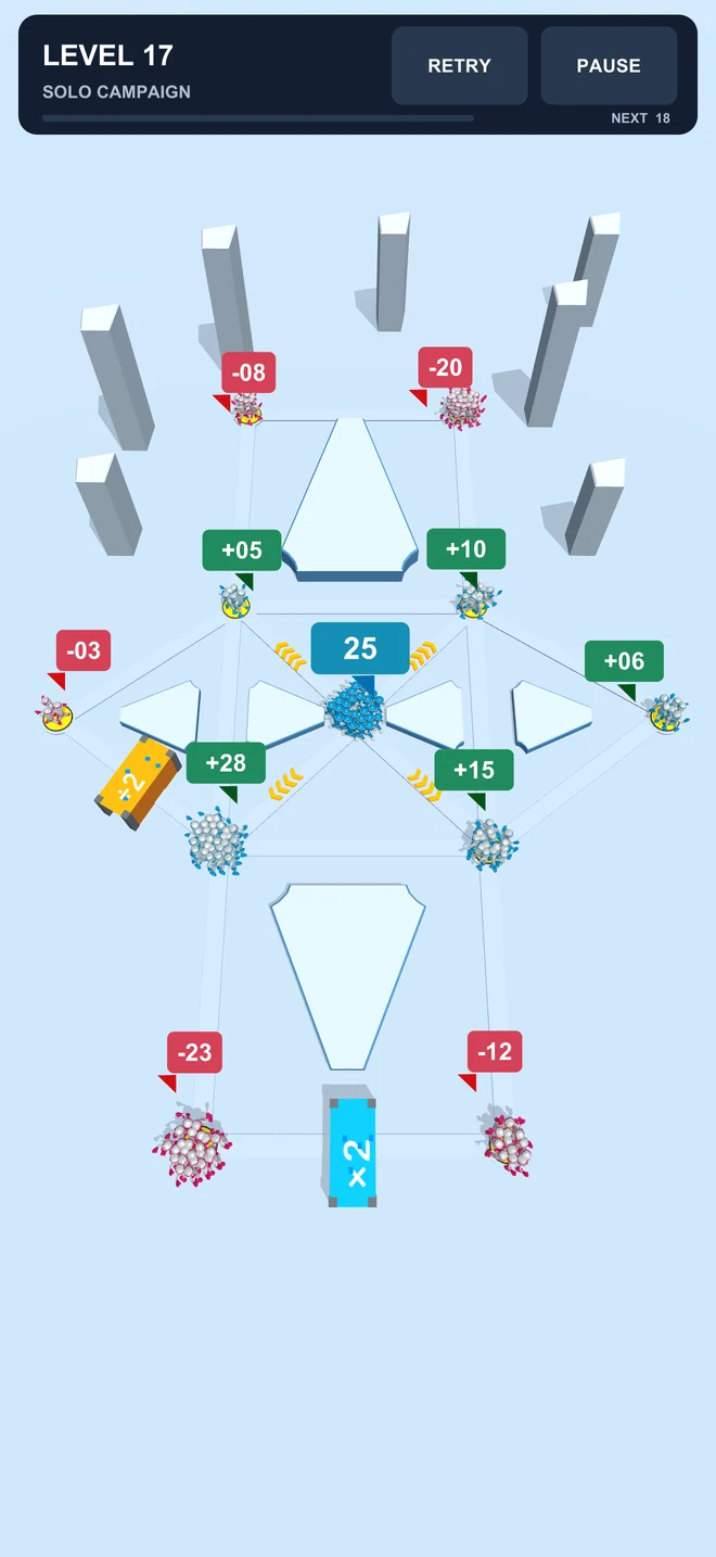 Number Wars Solo level 17 with a blue army of 25, green recruit targets, red enemy targets and multiplication routes