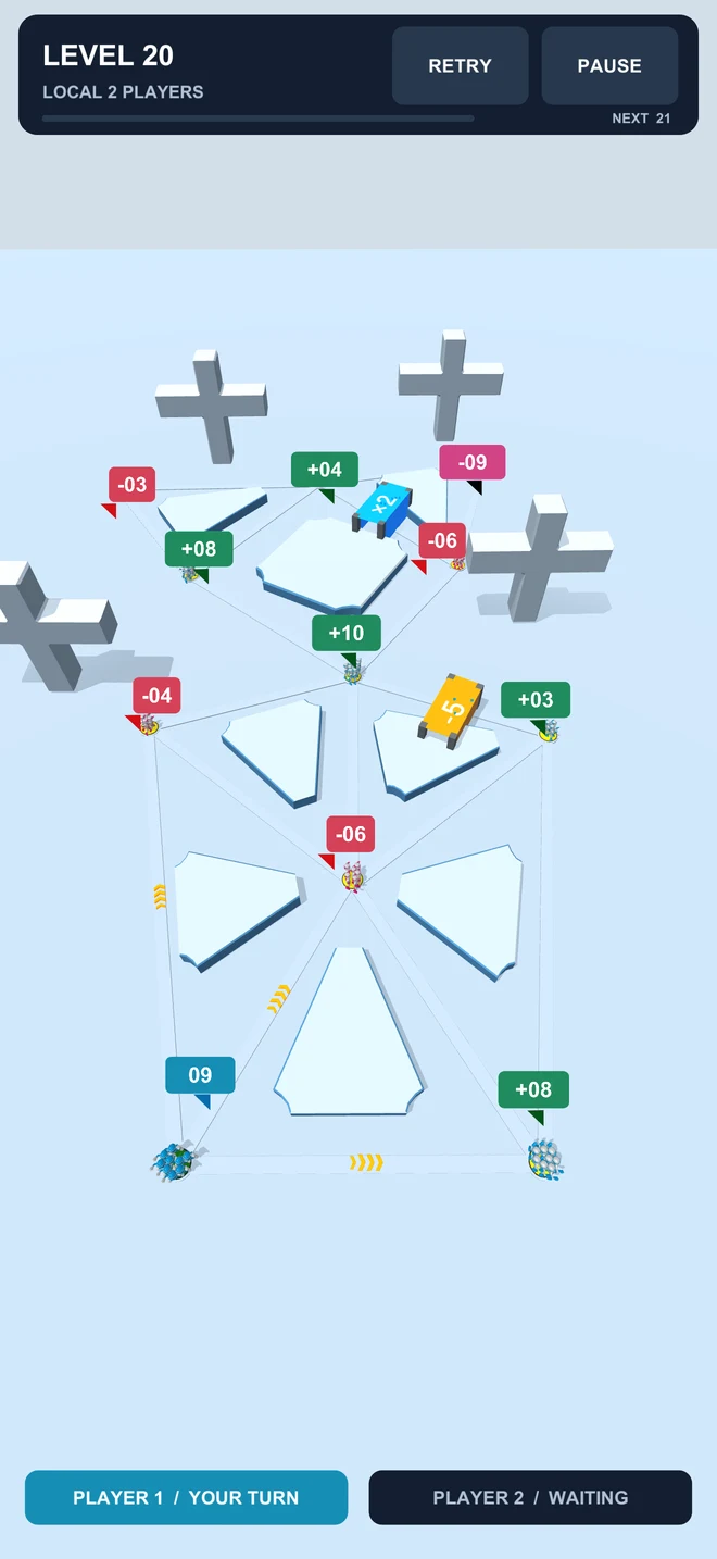 Number Wars local Two Player mode level 20 showing the two armies and connected number targets