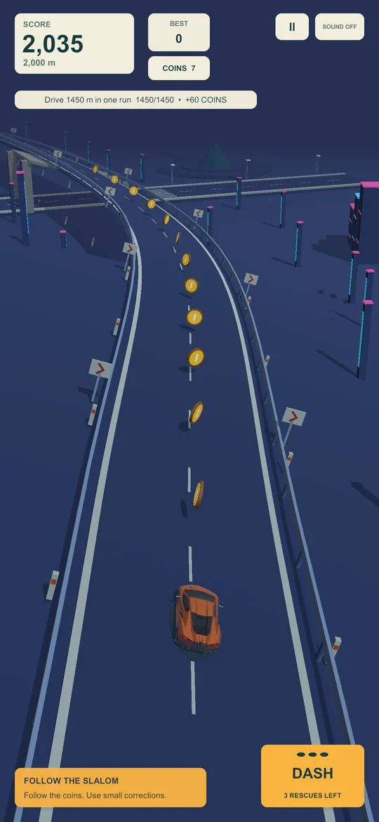 An orange sports car on a slalom through the neon city